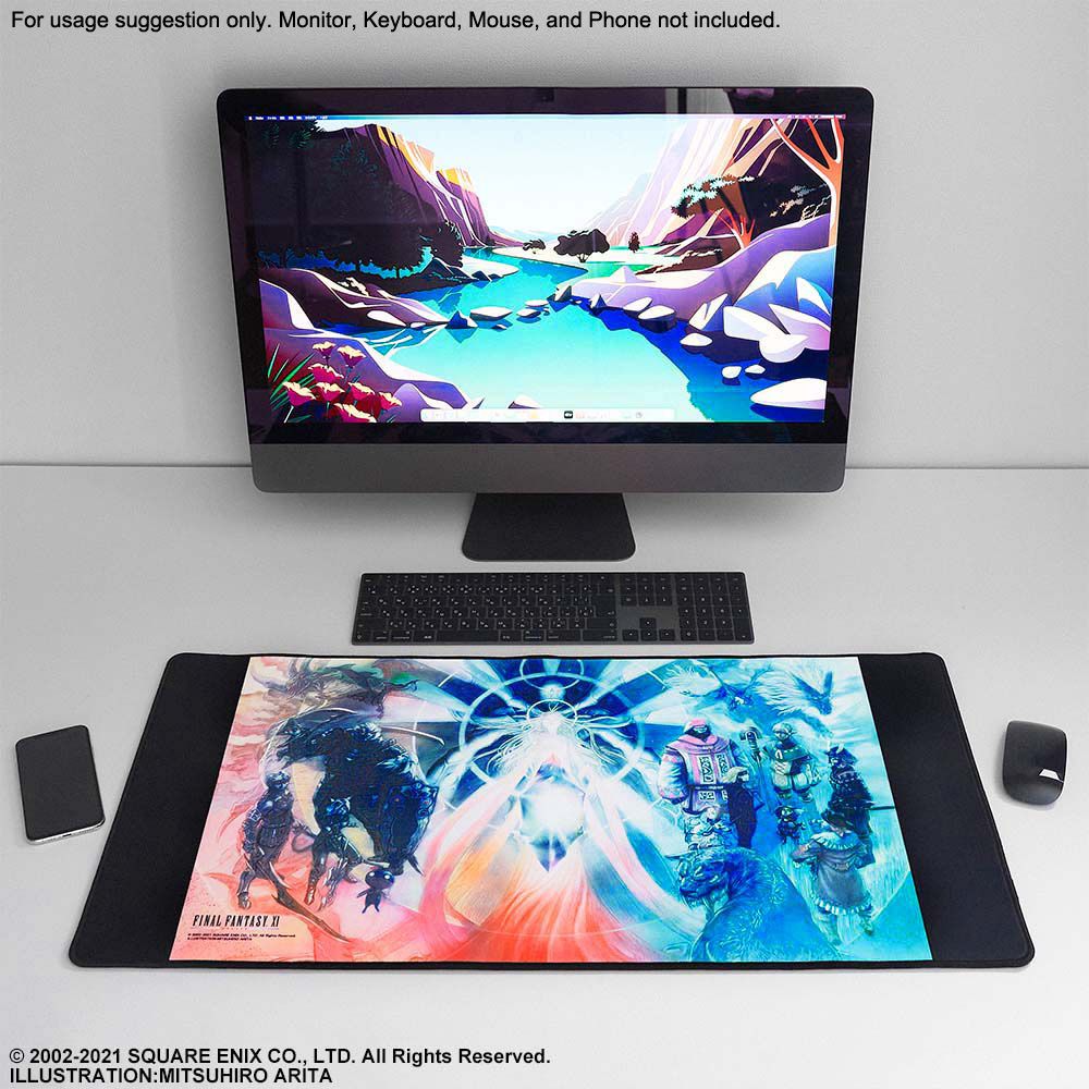 Promotion photo for the Final Fantasy XI Gaming Mouse Pad showing off scale and recommended usage