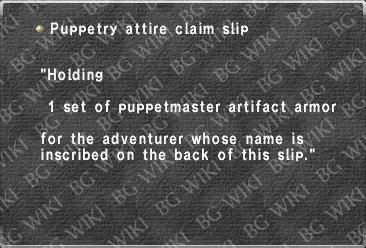 Puppetry attire claim slip