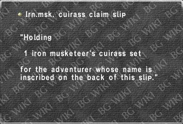 Irn.msk. cuirass claim slip